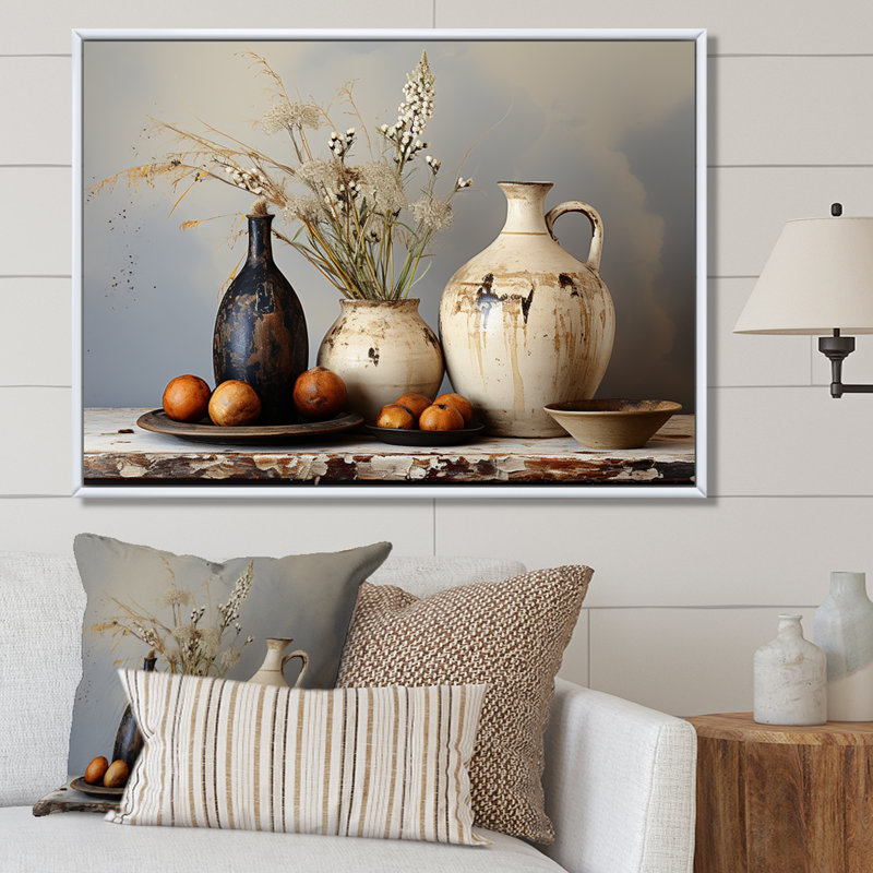 Art floral blanc rétro sur poterie, H 16 po x l 32 po x P 1 po, Cadre flottant brun