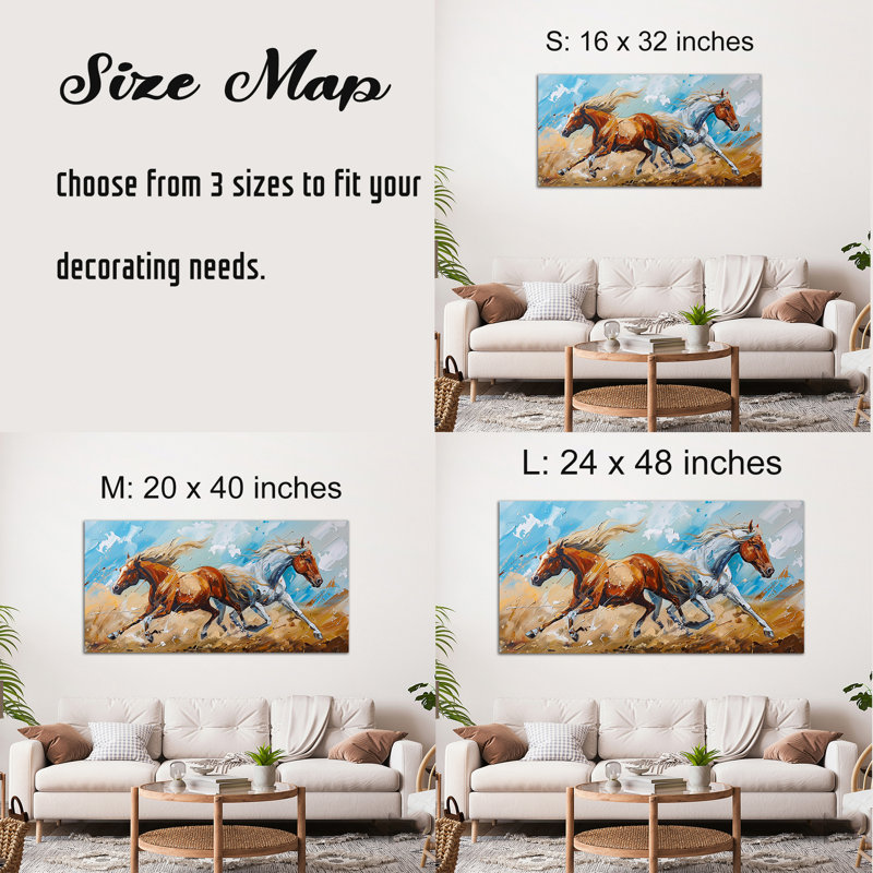 Art courant de chevaux qui courent - peinture dynamique sur toile de cheval pour la décoration murale, œuvre exquise de cheval au galop pour la décoration de salon, impression sur toile avec cadre enveloppé, 20 po x 40 po