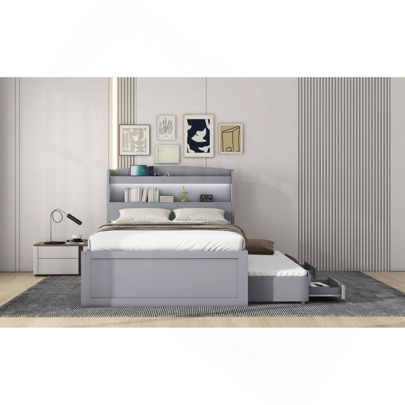 Lit plateforme simple TG avec tête de rangement à DEL, station de charge, lit gigogne simple et 2 tiroirs, gris, Gris