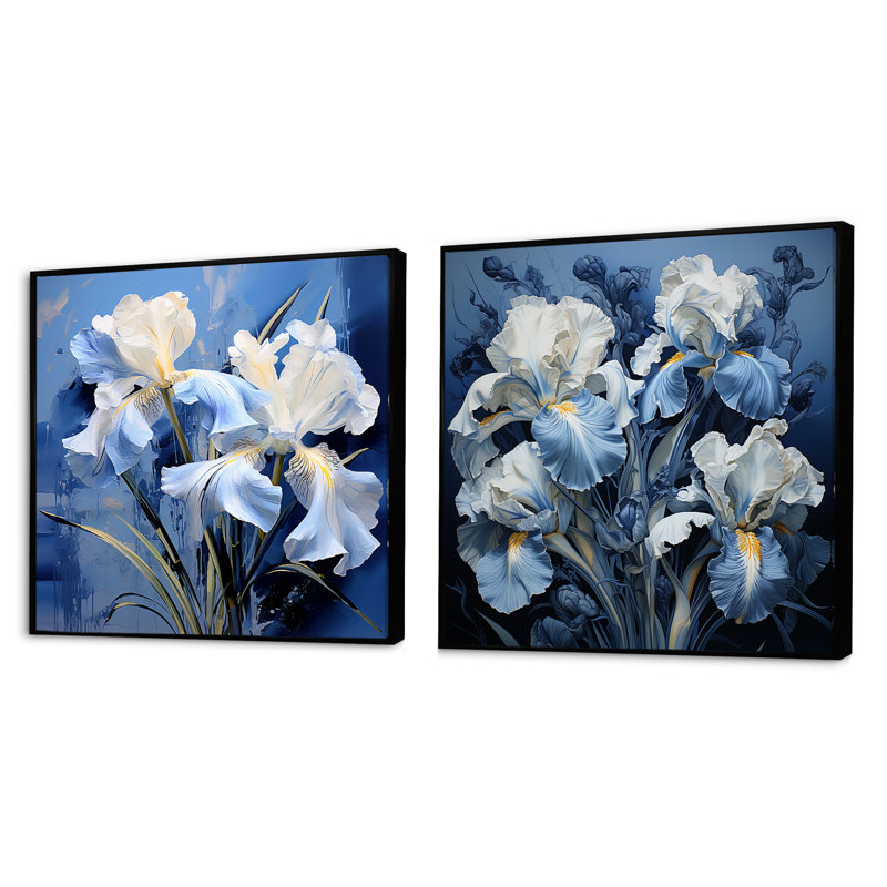 Jardin d'iris bleu et blanc III - ensemble de 2 collages carrés iris, Cadre flottant noir, H 30 po x l 61 po