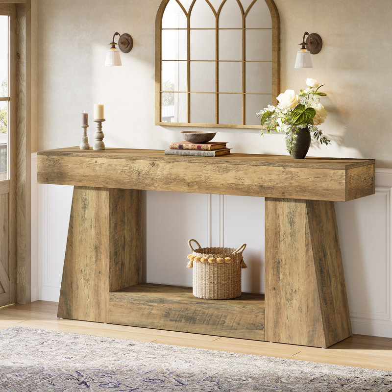 Console étroite en bois manufacturé avec tablettes, Brun
