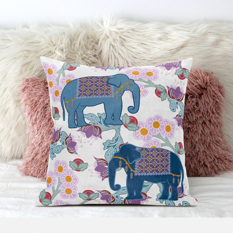 Colorful Elephant Print Faux Suede Throw Pillow