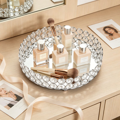 Crystal Beaded Vanity Tray With Mirrored Surface - Jewelry And Makeup Organizer For Dresser, Decorative Serving Tray For Home Decor