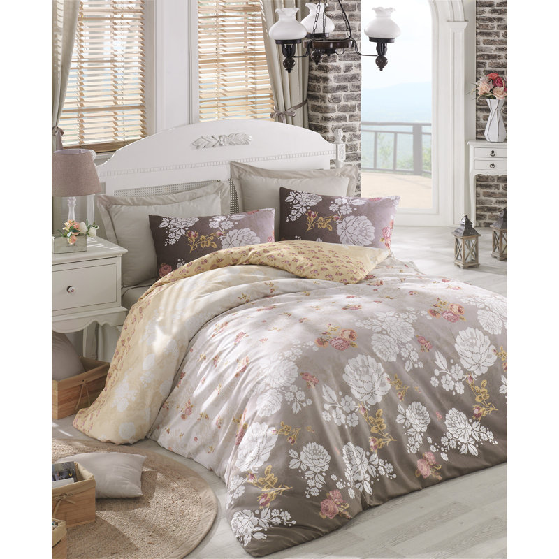 Ensemble de housse de couette 100% coton Cifuentes, Housse de couette très grand + 2 taies d'oreiller, brun / blanc / crème