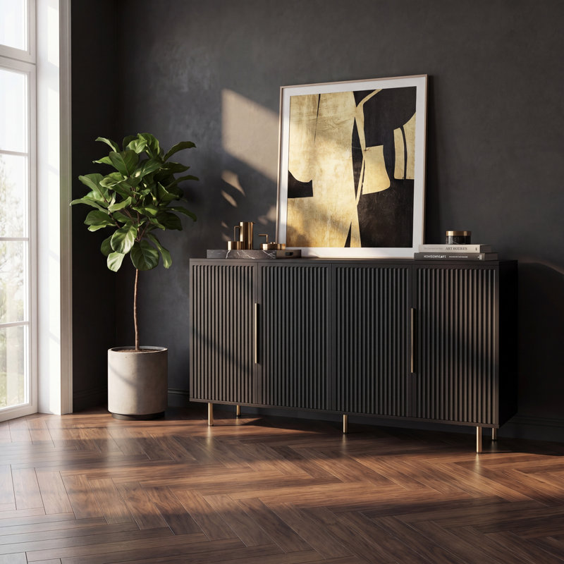 Fluted Panel Sideboard – Contemporary Black Storage Credenza With Metal Handles, Black