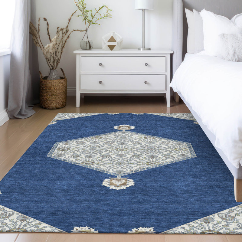 Navy and White Synthetic 5' x 7' Washable Rectangular Rug