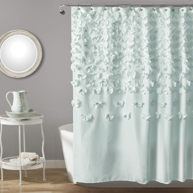 Lucia Blue 72" x 72" Fabric Shower Curtain with Handmade Bow Details