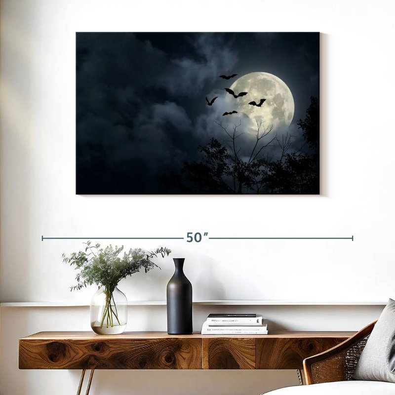 Brampt, chauves-souris volantes et pleine lune, H 26 po x l 39 po