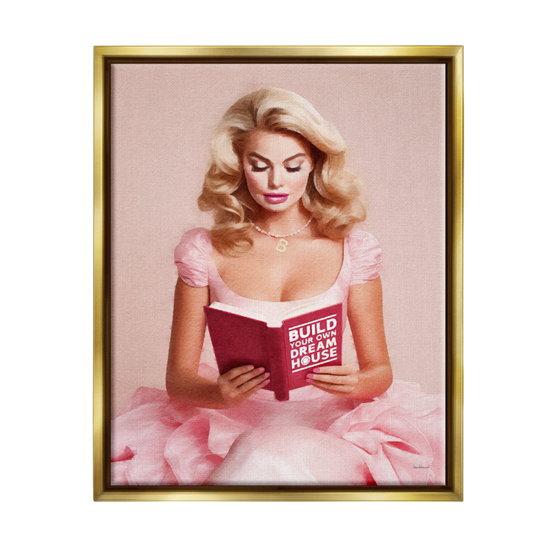 «Girl In Pink Reading» par Amanda Greenwood, Cadre flottant métallique doré, H 31 po x l 25 po x P 1,7 po