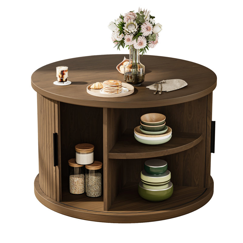 Round Coffee Table with Storage,31.5" Fluted Coffee Table with 360° Curved Sliding Door,Farmhouse Fluted Wood Accent Coffee Table for Living Room, Walnut