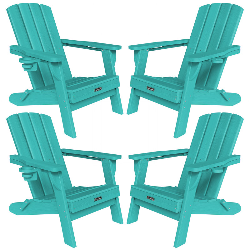 Ensemble de 4 fauteuils de jardin en PEHD pliant à texture bois avec porte-gobelet, Bleu lac