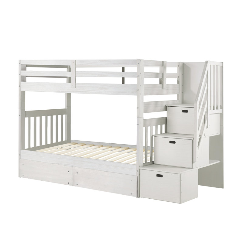 Ahmia Solid Wood Twin Over Twin Bunk Bed with Stairs and Drawers, White Mist