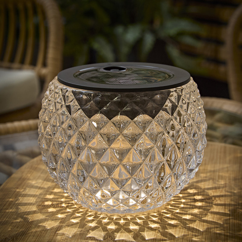 Solar Powered Outdoor Black Diamond Pattern Glass 9cm Solar Powered Integrated LED Outdoor Table Lamp