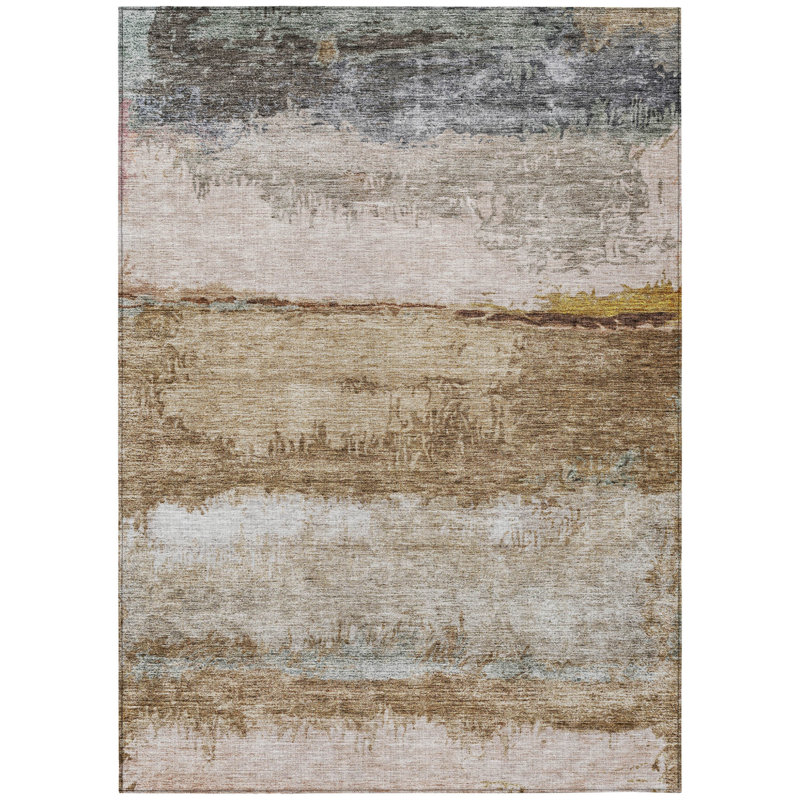 Tapis d'extérieur lavable abstrait brun et gris 5 pi x 8 pi beige