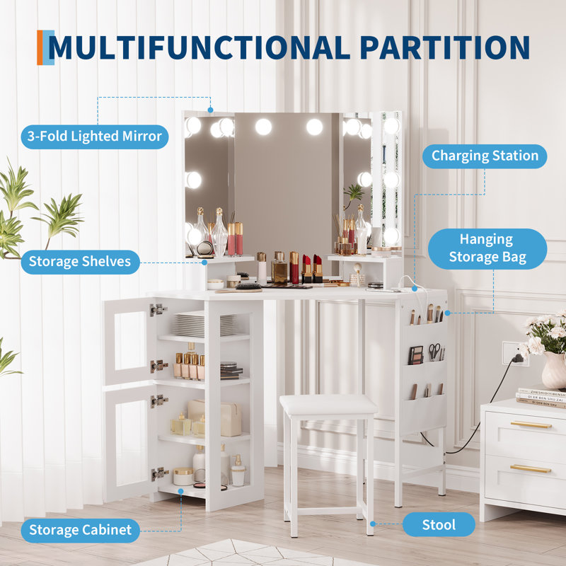 Corner Vanity Desk with LED Lighted Mirror Charging Station and Storage Cabinet with Stool for Bedroom, White
