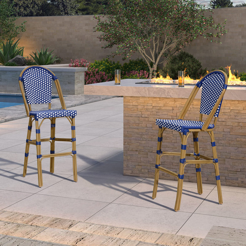  30" Patio Bamboo Print Finish Bar Stools With Rattan Back (Set Of 2), Royal Blue/Brown, Bar Stool (30" Seat Height)