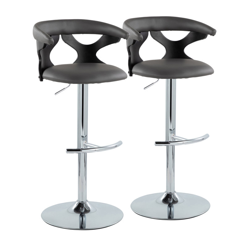 Ensemble de 2 tabourets pivotants contemporains réglables - siège en similicuir gris avec base chromée et repose-pieds arrondi en T