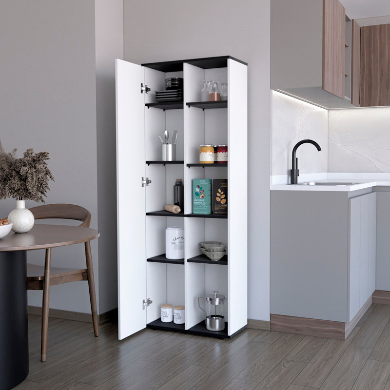 Contemporary Wood Kitchen Pantry In White And Black With Optimized Shelving 10-Shelf For An Organized Space, White/Black
