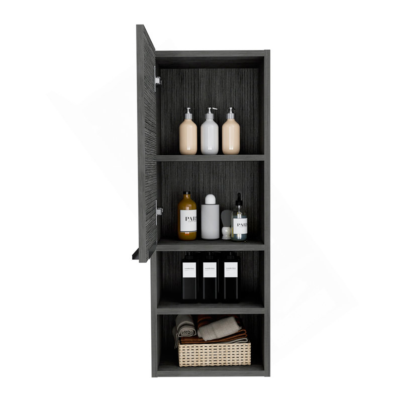 Armoire à pharmacie à porte simple H 32 po, deux tablettes extérieures, deux tablettes intérieures, chêne fumé, Gris foncé