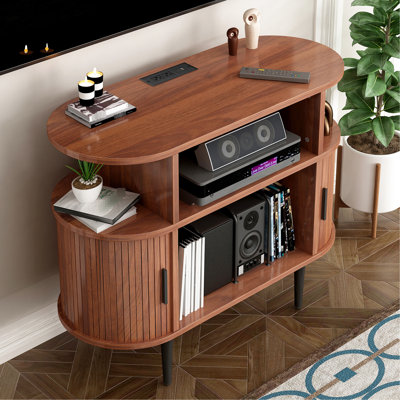 Grande armoire de rangement ronde pour disques, support de table tournante moderne Mid-Century avec station de charge, noyer pour vinyle de chambre à coucher et de salon