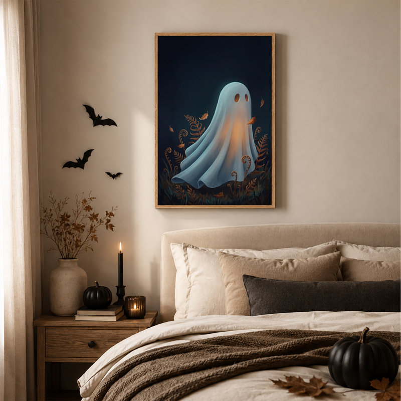 Tableau sur toile d'Halloween représentant un fantôme blanc lumineux flottant près de fougères brunes, H 48 po x l 32 po