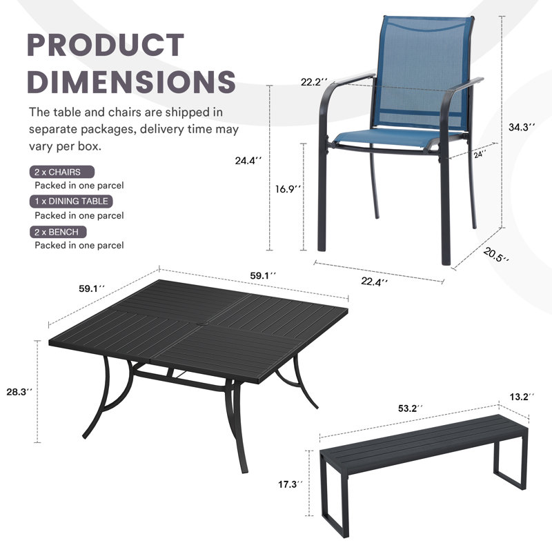 Ensemble de patio 7 pièces comprenant une table carrée de 59 po, 4 chaises empilables et 2 bancs, Noir / Bleu