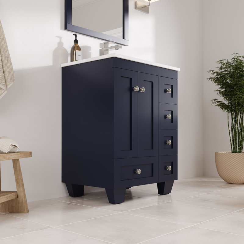 Happy 24 po Meuble-lavabo simple bleu avec comptoir en quartz de Carrare et lavabo encastré en porcelaine