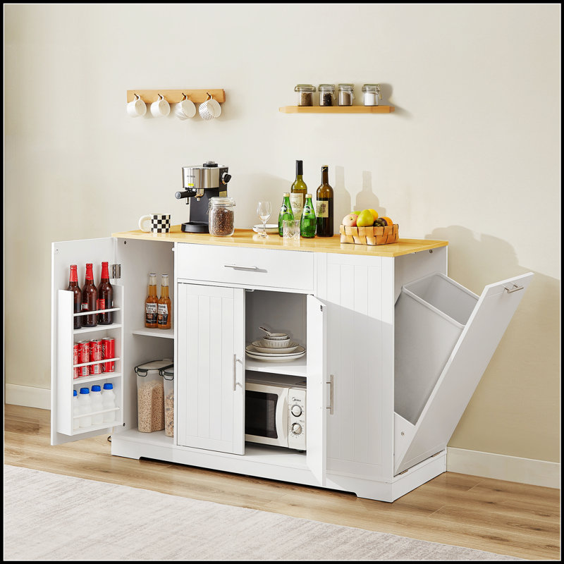 53'' Kitchen Storage Island with Drawers and Trash Can Storage, Modern Farmhouse Design for Efficient Cooking and Dining, 53.2W x 20.9D x 38H