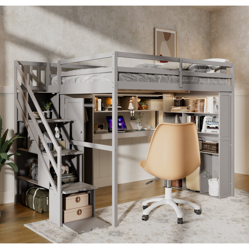 Structure de lit double pleine grandeur avec garde-robe intégrée, bureau d'étude, tablettes et lumières de rangement, conception peu encombrante pour la chambre à coucher