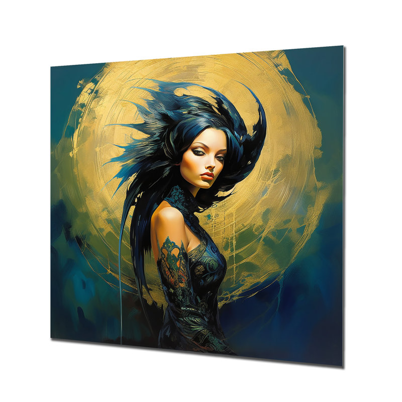 «Golden Blue», peinture liquide femme III - art mural moderne en métal, H 36 po x l 36 po