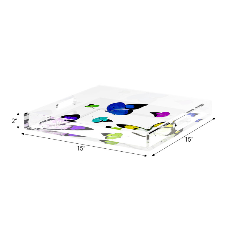 Butterflies Acrylic Square Decorative Tray, Acid Blue, 15" W x 15" D x 2" H