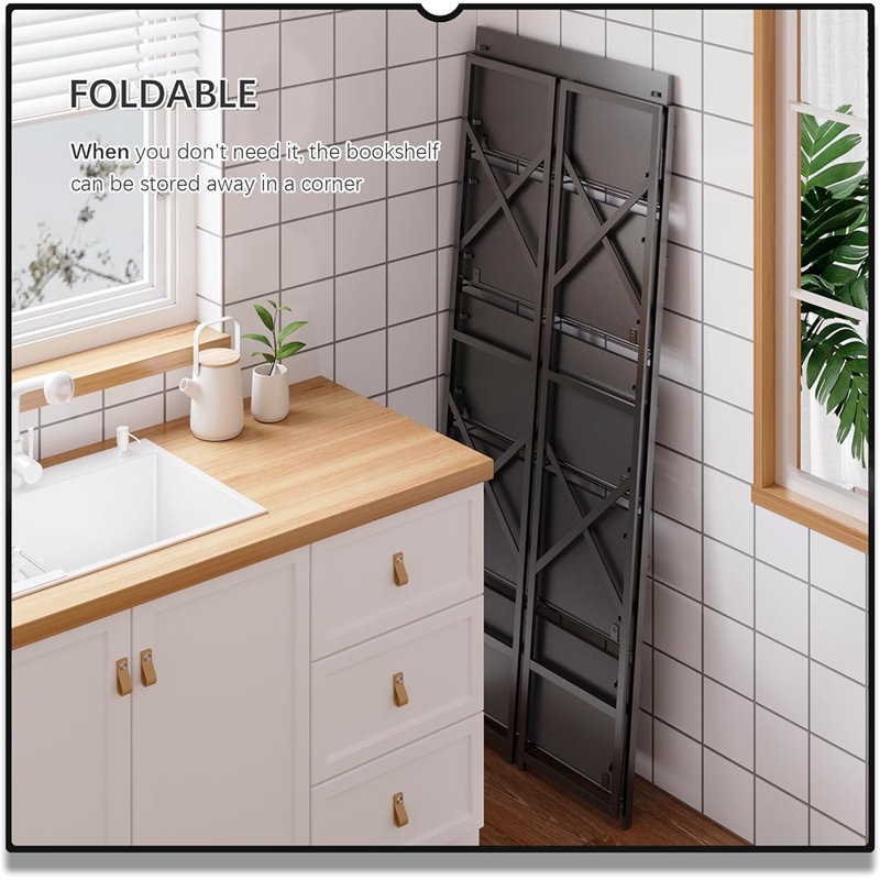 Bibliothèque pliante à 5 niveaux, bibliothèque industrielle H 51,2 "- aucun assemblage requis, tablettes de rangement pliables pour la chambre à coucher, le salon ou le bureau personnel - blanc / or