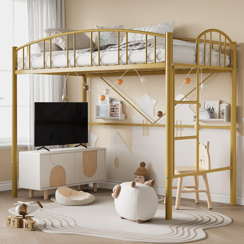 Twin Loft Bed with Arched Guardrail, Safety Ladder & Space-Saving Design, No Box Spring Needed, Gold