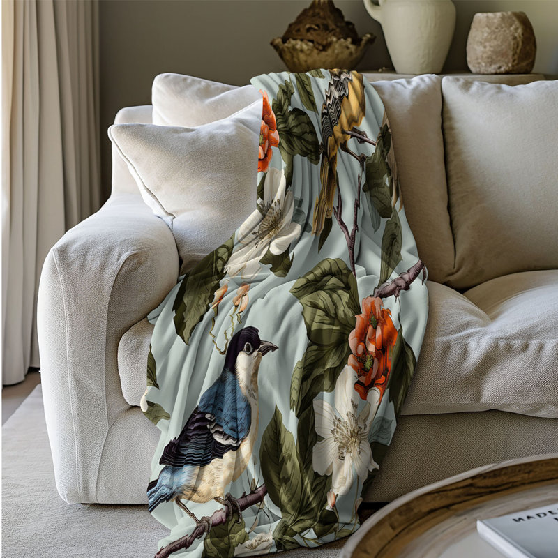 Feathered Florals - 1 Piece Premium Sherpa Blanket, Queen