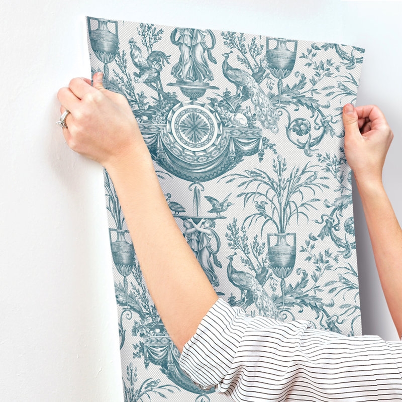 Avian Fountain Toile Wallpaper Roll, Jade