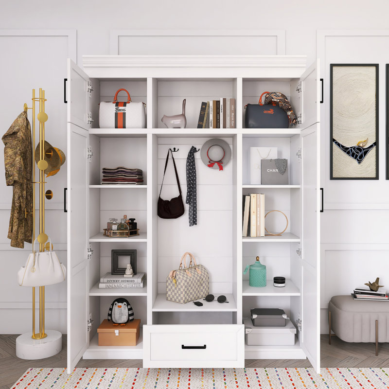 Arbre d'entrée avec banc et 3 crochets, armoire de rangement moderne pour hall d'entrée avec 4 portes, Blanc