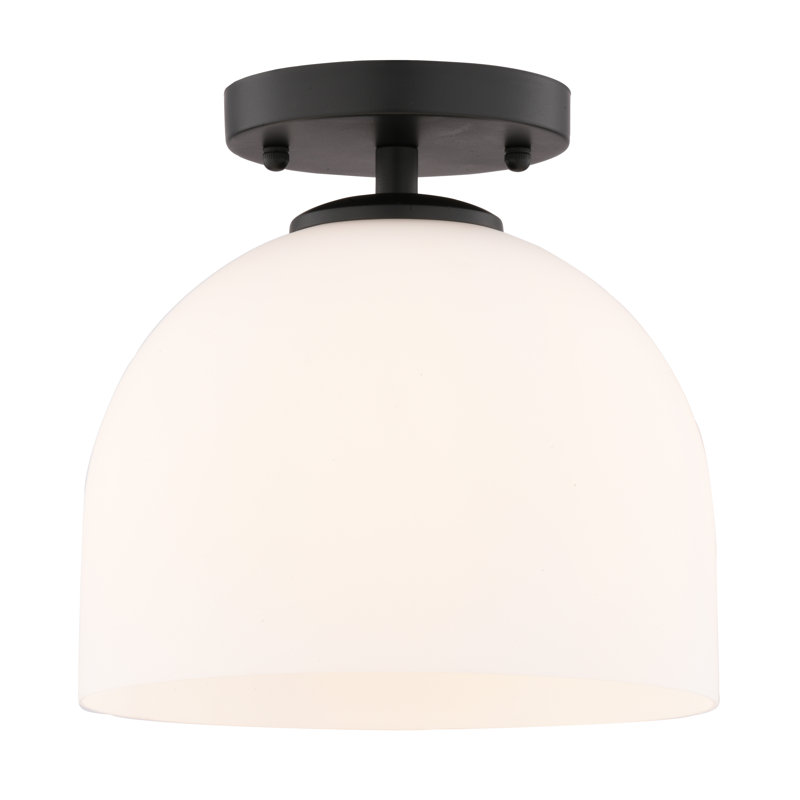 Shelby 1-Light 9.25 in. Wide Matte Black Transitional Dome Semi Flush Mount Lighting Fixture, Frosted White Opal Glass Shade, LED Compatible, for Low Ceilings, Bedroom, Hallway, Kitchen