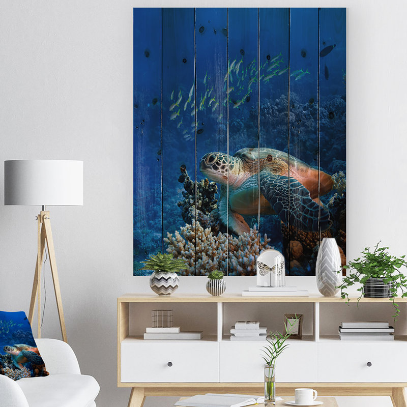 Grande tortue de mer sous l'eau - photographie sur, H 32 po x l 16 po x P 1 po