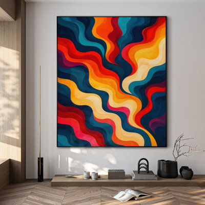 Extra Large Wall Art Fabric Print - Colourful Swirling Wave Pattern in Warm and Cool Tones Artwork Decor for Living Room or Bedroom - "Frame Assembly Required (Unfinished Frame)"