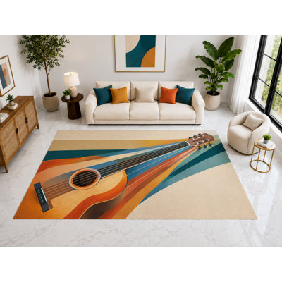 "Ultra Thin" Large 6'7" x 9'10" Acoustic Guitar Rays Rug, Soft Low Pile Indoor Rug, Non-Slip Silicone Backing for Living Room Orange