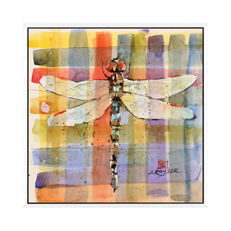 Plaid Dragonfly by Dean Crouser - Painting on Canvas, White Framed, 45.72 cm H x 45.72 cm W