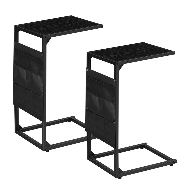 Black C-Shaped Side Table with Storage Pockets 2-Pack