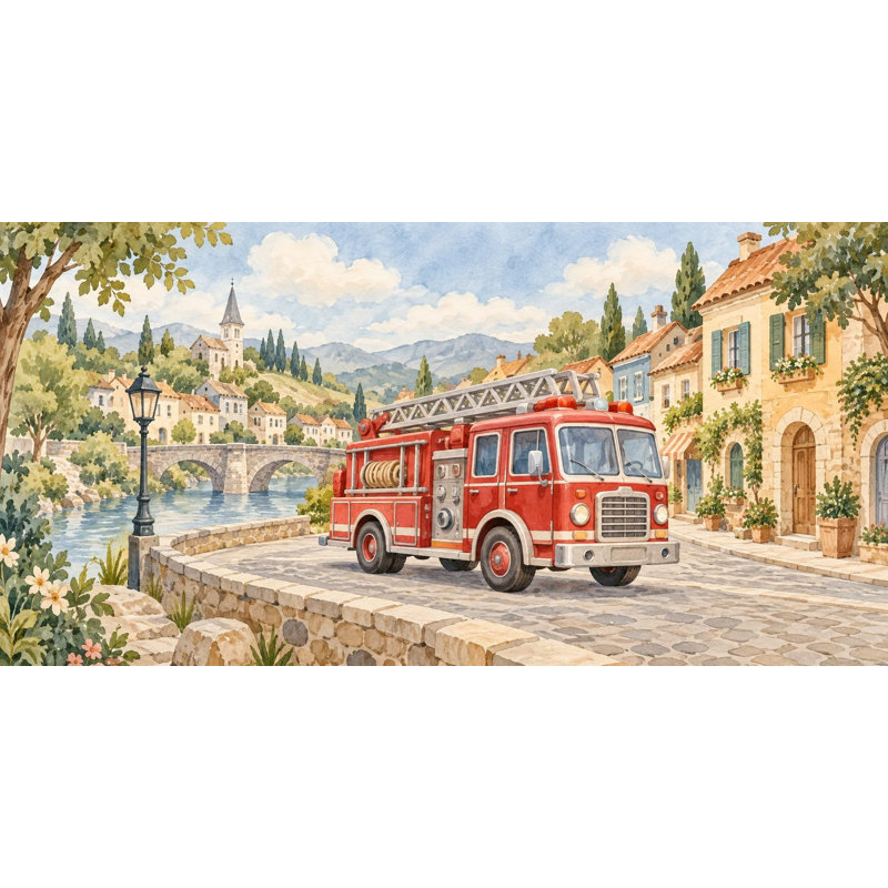 Fire Truck Town Wallpaper Mural, Peel and Stick Kids Room Wall Mural, Watercolor Construction Truck Nursery Wallpaper
