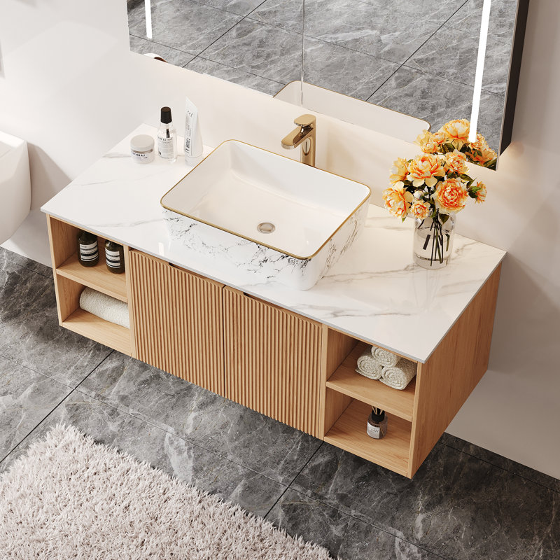 Antonanzas 48” Single Bathroom Vanity With Glossy Sintered Stone Top, Light Wood