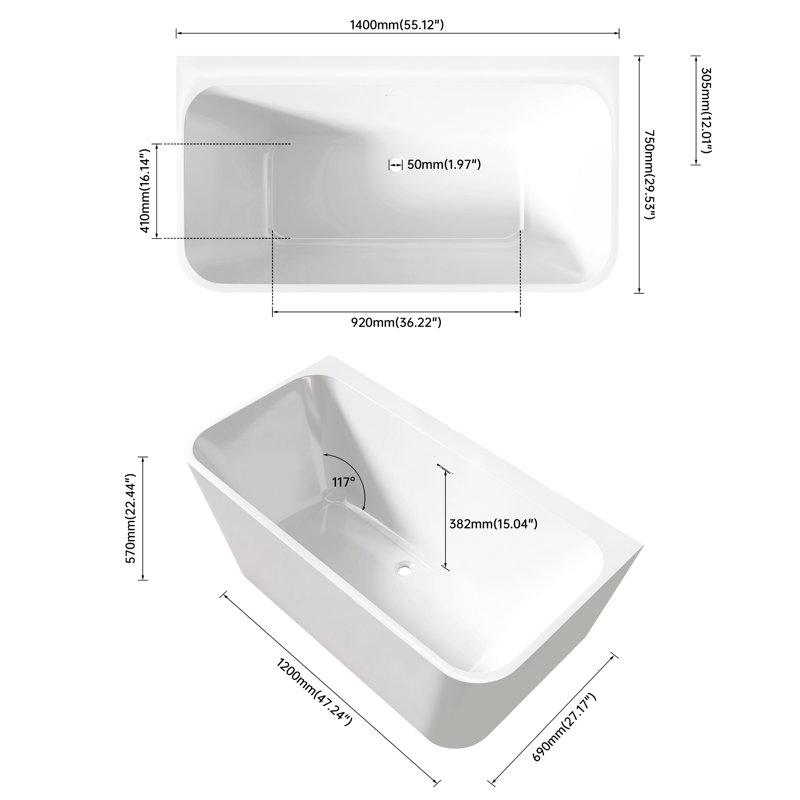 55" Rectangular Gloss White Acrylic Soaker Tub, With Materials, Fiberglass Reinforced Bottom, Non-Slip Feature, Design, Drains Not Provided Bathtub, Standing, Resin And , Reinforced, For Secure Use,