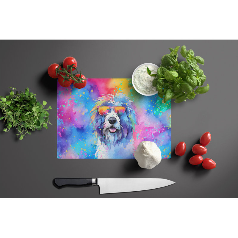 Grande planche à découper en verre Old English Sheepdog Hippie Dawg