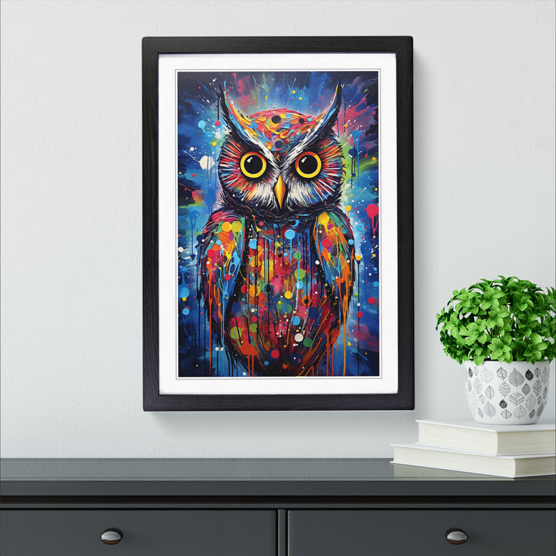 Owl Abstract - Single Picture Frame Print on Wood, 64cm H x 46cm W x 2cm D, Black Framed