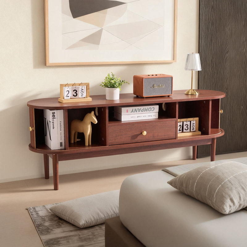 TV Stand, Mid Century Modern Entertainment Center for TVs up to 58 in, 350 lbs Load Capacity, TV Media Console Table with Drawer, Open Storage Shelves & Rolling Door for Living Room, Bedroom