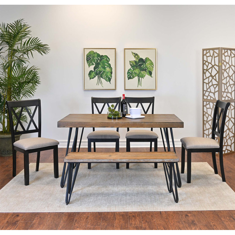 Dashuan Dining Set, Hairpin Dining Table With 4 Cross-Back Chairs And Bench, Beige, 6 Pieces (1 Table, 1 Bench, 4 Chairs)