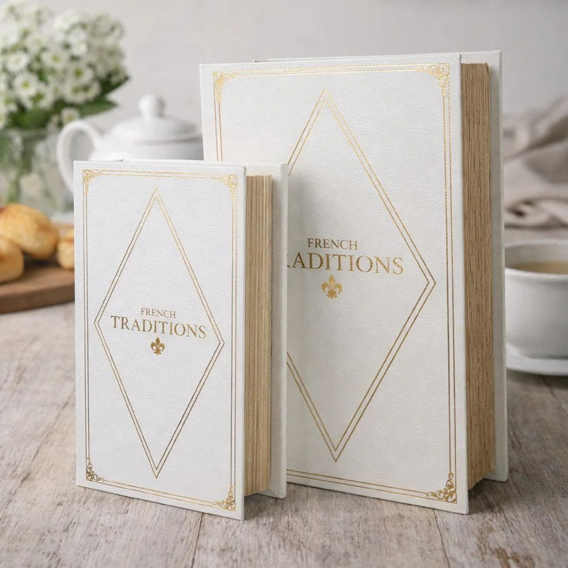 Ensemble de 2 boîtes de rangement en simili-livre, similicuir blanc, accent doré